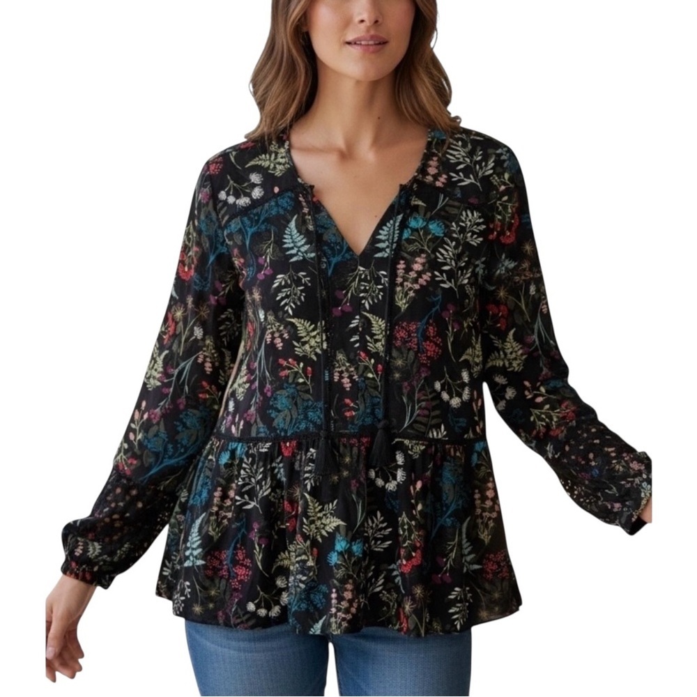 T Tahari Black Long Sleeve Floral Blouse with front ties and Tassels S - Picture 1 of 8